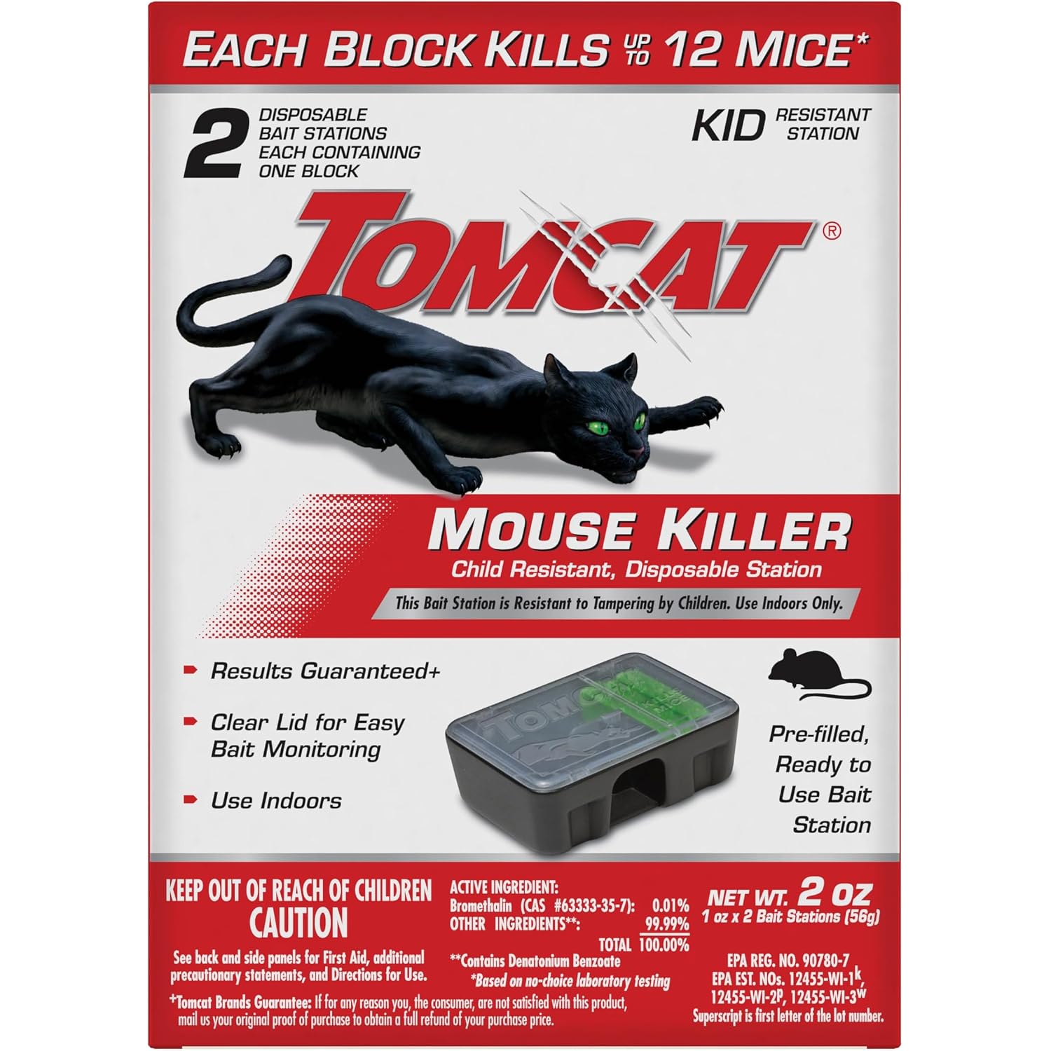 Tomcat Mouse Killer, Child Resistant, Disposable Station, 2 Stations | Tamper-Resistant Indoor Bait Station With Clear Monitoring Window, 2 Pre-Filled Ready-To-Use Bait Stations