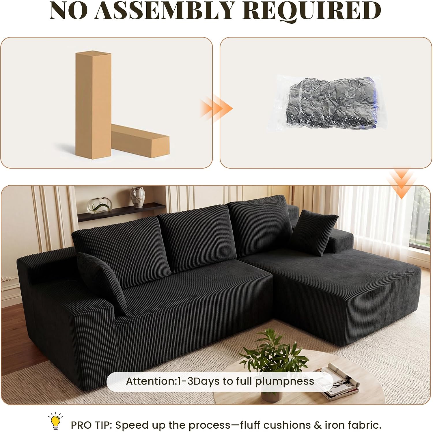 Cloud Sectional Boneless Couches For Living Room, Modular L Shaped Couch With Deep Seat Oversized Right Facing Chaise, Memory Foam Compressed Spineless 3 Seater Sofa For Apartment, Black