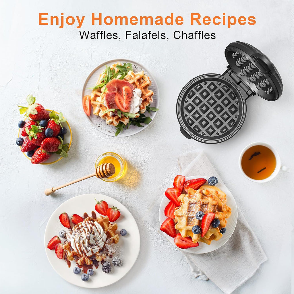 Crownful Mini Waffle Maker, 4" Chaffle Maker With Compact Design, Easy To Clean, Non-Stick Surface, Recipe Guide Included, Perfect For Breakfast, Dessert, Sandwich, Or Other Snacks