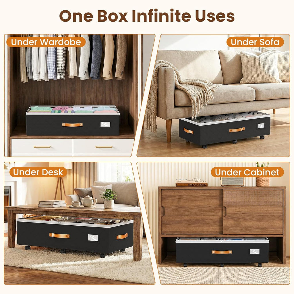 80L 2 Pack Adjustable Under Bed Storage With Wheels | Underbed Containers With Clear Lids, Rolling Under Bed Shoe Storage Organizer For Dorm Home Clothes, Blankets, Toys, Black