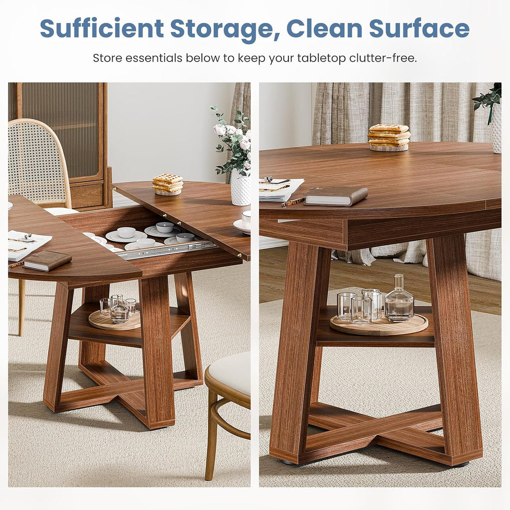 Dumos Extendable Round Dining Table For 4-8, Kitchen Table Storage Shelf | Extendable Oval Wood Pedestal Base, Space Saving Modern Style For 4-8, Brown