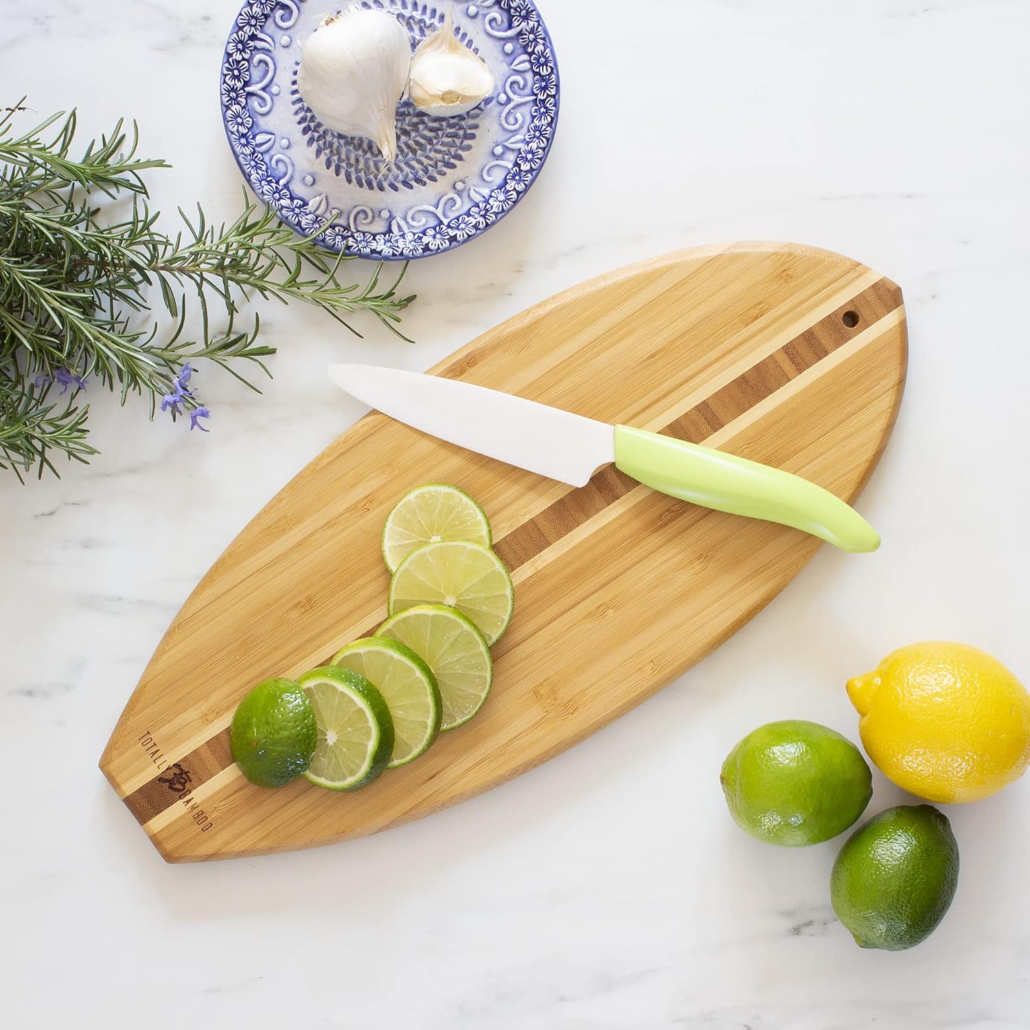 Totally Bamboo Lil Surfer Small Surfboard Cutting Board And Charcuterie Board, Bamboo Serving Platter With Wall Hang Tie, 14.5" X 6"
