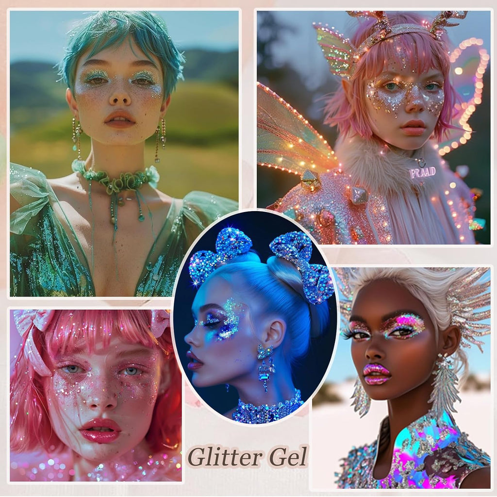 Face Body Glitter, Hair Glitter Sparkles Chunky Face Glitter Gel For Girls Makeup Singer Concerts Mermaid Festival Sequins Face Paint (White+Silver+Pink+Gold+Blue)
