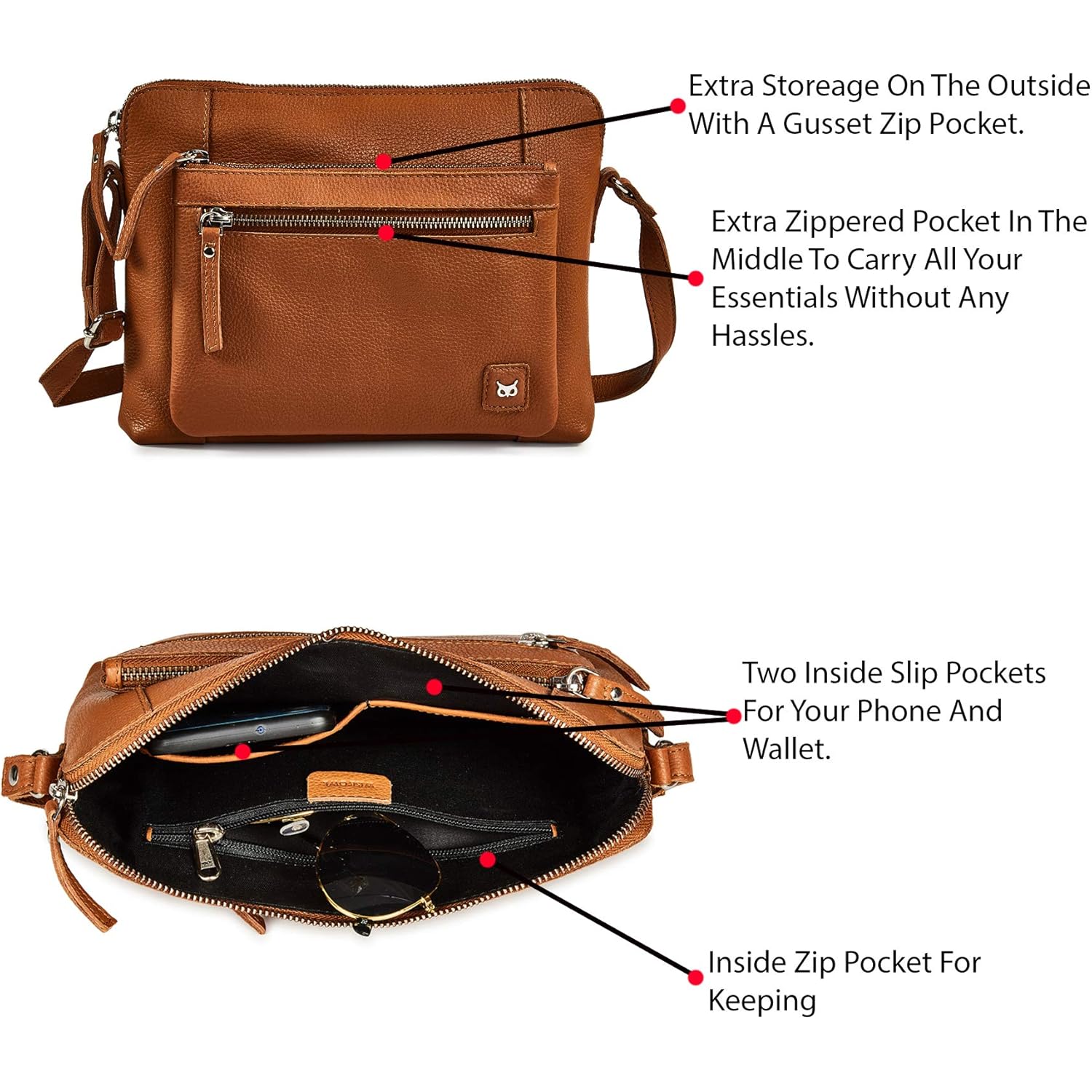 Leather Crossbody Bags for Women Small Soft Genuine Pebbled Sling Shoulder Handbag Crossover Purse with Full Adjustable Strap (Cognac Nappa)