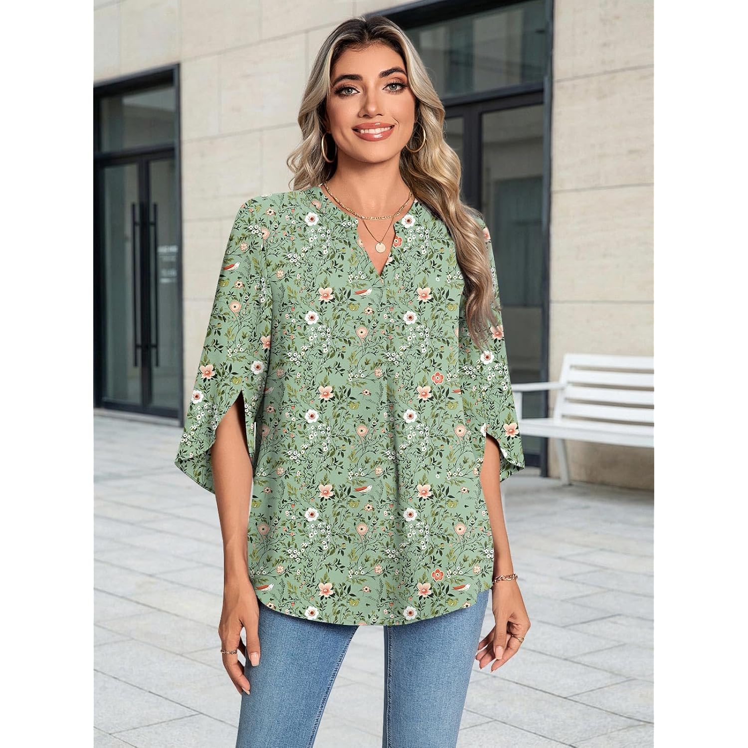 Womens Summer 3/4 Length Sleeve Tunic Tops Plus Size V-Neck Blouses for Women Dressy Casual