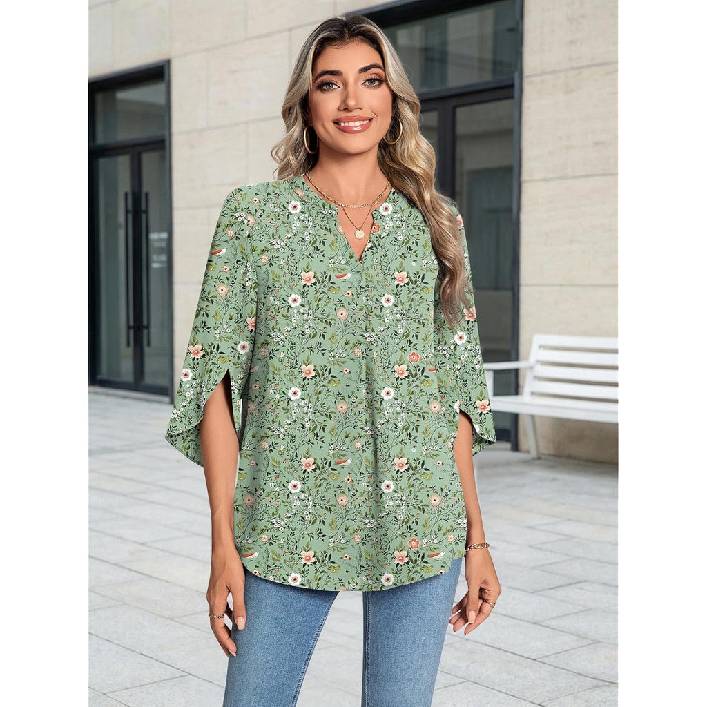 Womens Summer 3/4 Length Sleeve Tunic Tops Plus Size V-Neck Blouses for Women Dressy Casual