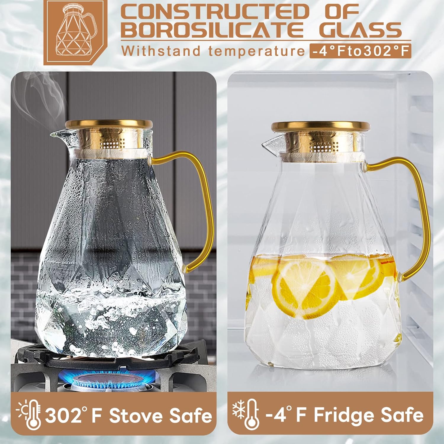 Glass Pitcher, 2.2 Liter Water Pitcher With Lid,Iced Tea Pitcher for Fridge,Carafe With Lid, Glass Water Jug For Juice, Milk, Cold Or Hot Beverages, 2 Quart