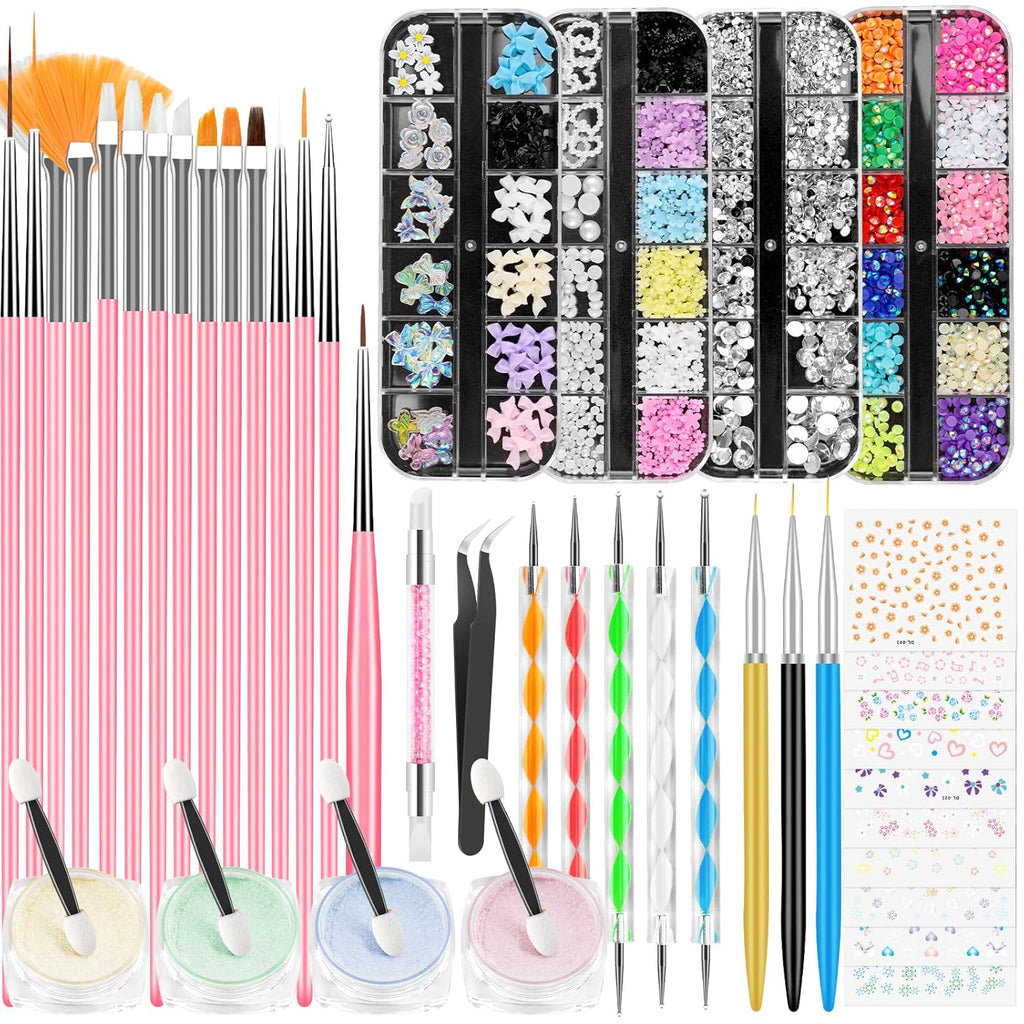 YOOVR Nail Art Kit, Nail Art Tools, Nail Design Tools, Nail Art Brushes Decoration Kit, Nail Dotting Tool, Nail Kit for Beginners, Chrome Nail Powder, Nail Stickers, Nail Rhinestones, Nail Charms Gems