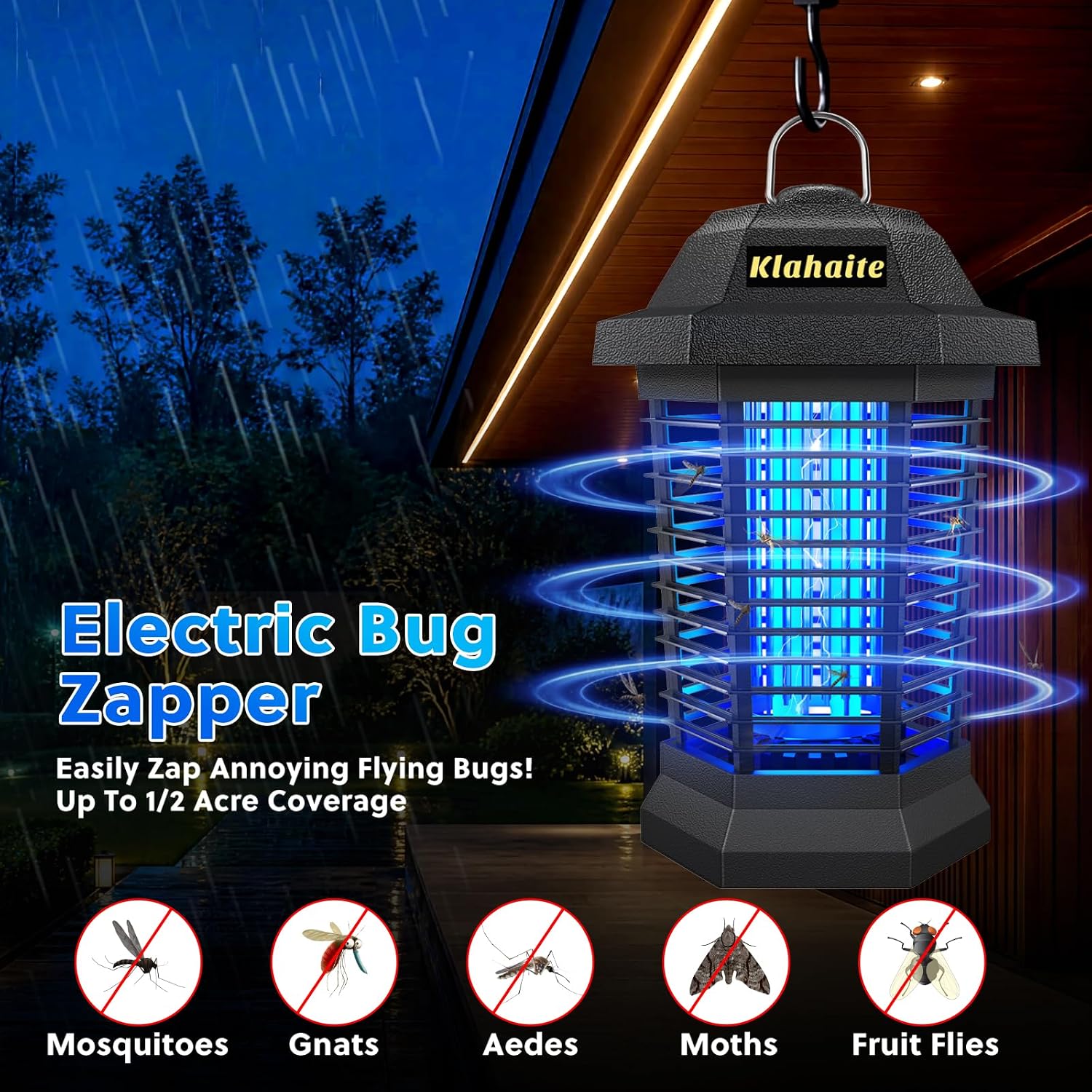Bug Zapper Outdoor, Electric Mosquito Zapper, Fly Zapper Indoor Fly Traps, Mosquito Repellent Outdoor Patio & Backyard Covers 1/2 Acre, 4200V 3 Prong Plug, Abs Fireproof Plastic Outer