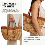 Straw Beach Bags For Women, Boho Summer Purse Tote With Pu Shoulder Strap