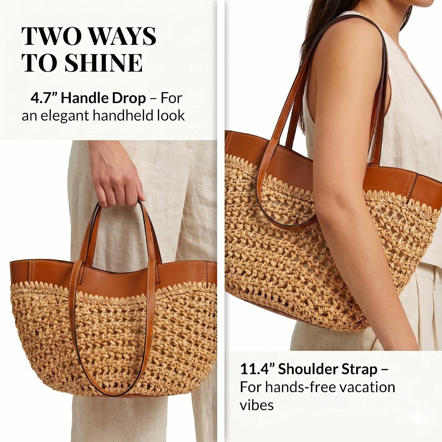 Straw Beach Bags For Women, Boho Summer Purse Tote With Pu Shoulder Strap