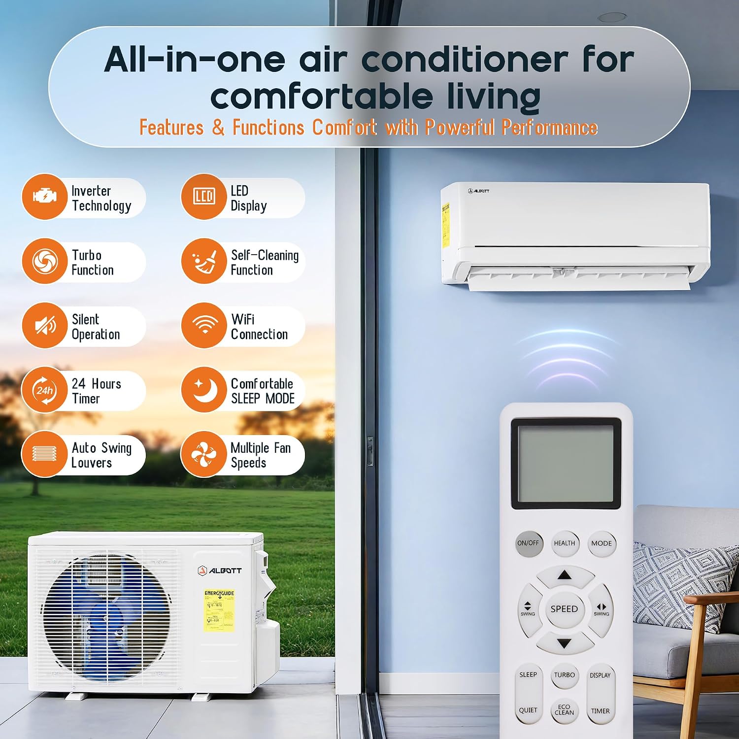 Albott 12,000 Btu Mini Split Air Conditioner And Heater Seer2 18, 115V | Inverter Energy-Efficient Ac With Self-Cleaning, Remote And App Control, Easy Installation, Cools Up To 750 Sq.Ft.