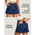 Stretchy Baggy Jean Shorts Womens Pull On Denim Shorts Women High Waisted Tummy Control Jorts Summer Casual with Pockets