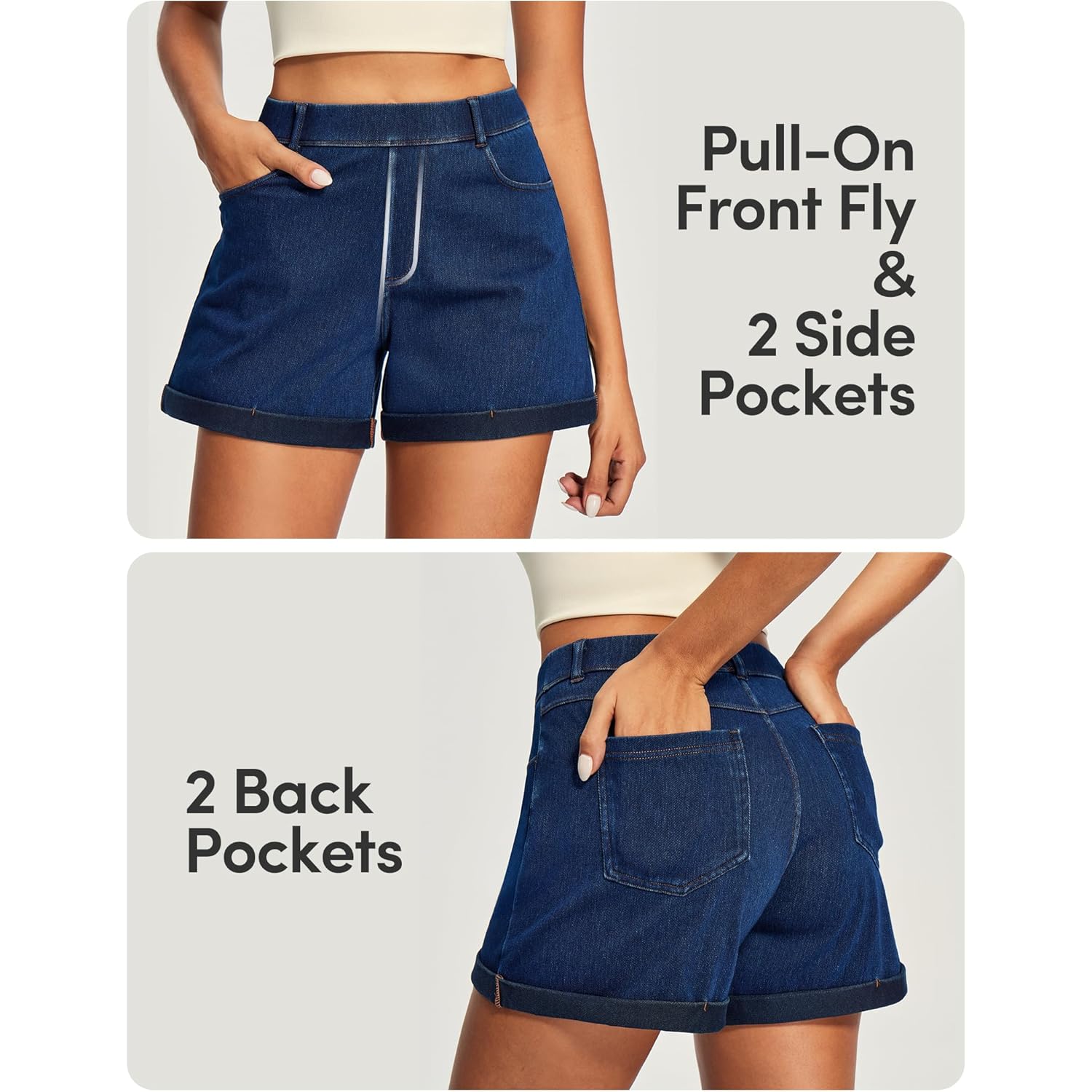 Stretchy Baggy Jean Shorts Womens Pull On Denim Shorts Women High Waisted Tummy Control Jorts Summer Casual with Pockets