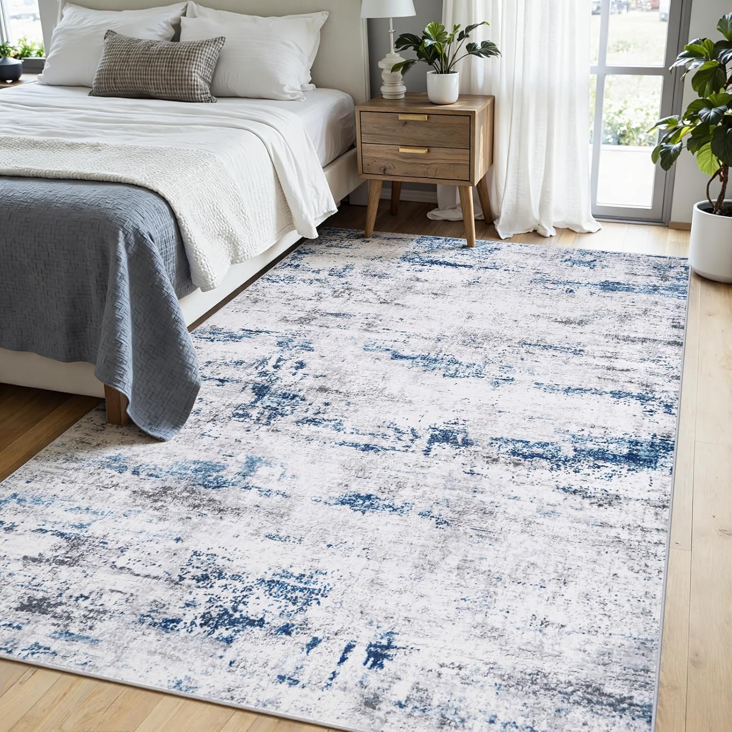 Area Rug Living Room Rugs: 5X7 Large Soft Indoor Carpet Modern Abstract Rug With Non Slip Rubber Backing For Under Dining Table Nursery Home Office Bedroom White Gray Blue