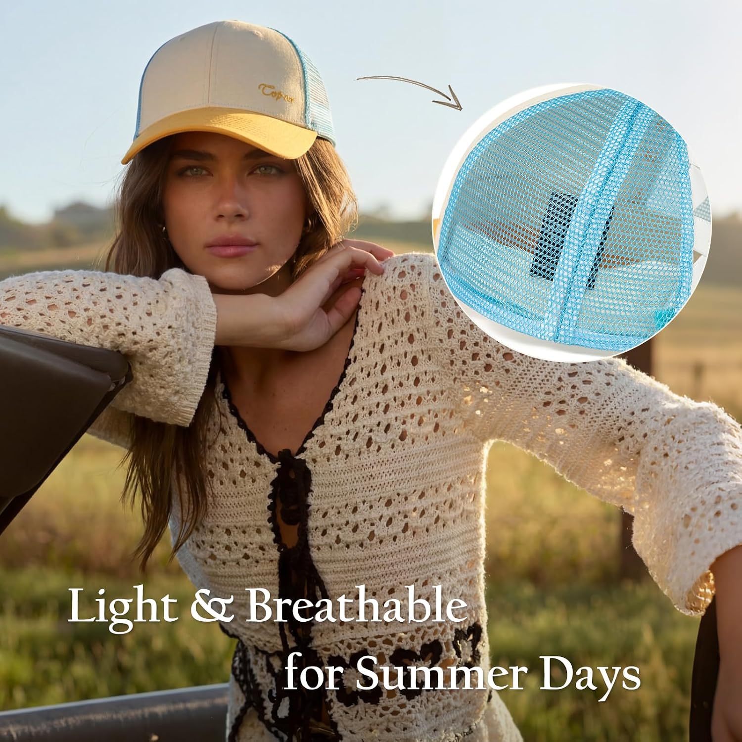 TOP-EX ChicPony™ S/M M/L High & Low Ponytail Beach Golf Snapback Trucker Hats for Women Girls Summer Cute Sunset Glow