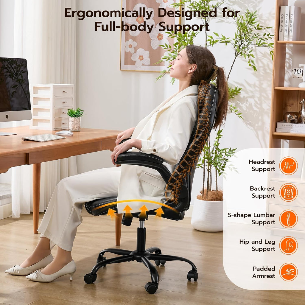 Ylzyxal Office Desk Chair, Ergonomic Computer Chair With Padded Flip-Up Arms And Adjustable Lumbar Support, Pu Leather Executive Chair With Tilt Lock And 360° Swivel Rolling Wheels For Work, Study
