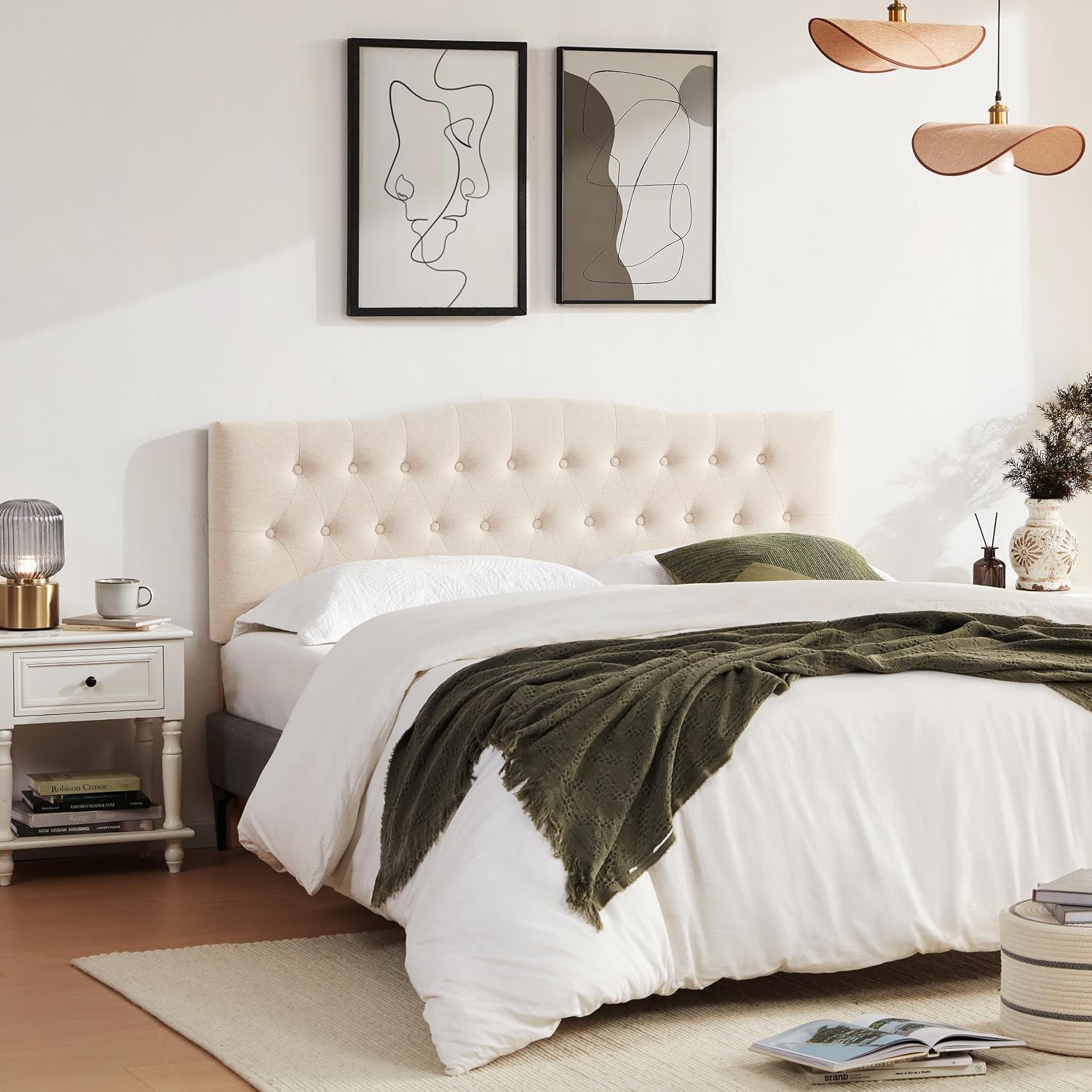 Tufted Upholstered Headboard Queen Size, Sturdy And Durable Solid Wood Bed Headboard, Fabric Headboard Adjustable Height From 37” To 51”, Modern Button Diamond Design Head Board, Beige
