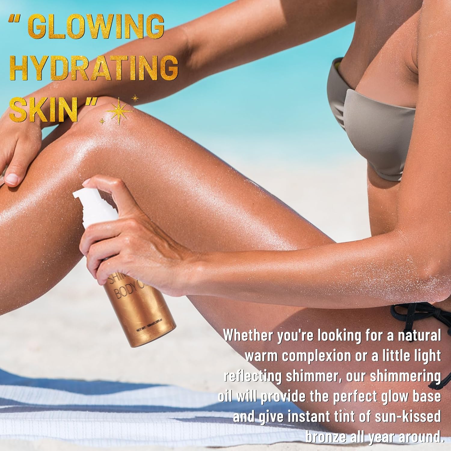 UCANBE Body Shimmer Oil 100ml, Moisturizing Body Glow Glitter Oil, Waterproof Shimmering Luminizer Liquid Illuminator Highlighter, Tinted Shimmer Lotion Glowing Bronzer Makeup(Bronze Gold)