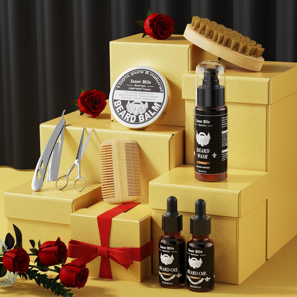 Isner Mile Beard Grooming Kit for Men Care: with Beard Oil Balm Wash Brush Comb & Straight Razor, Birthday Valentines Fathers Gifts for Men Him Boyfriend Husband Coworker, Christmas Stocking Stuffers