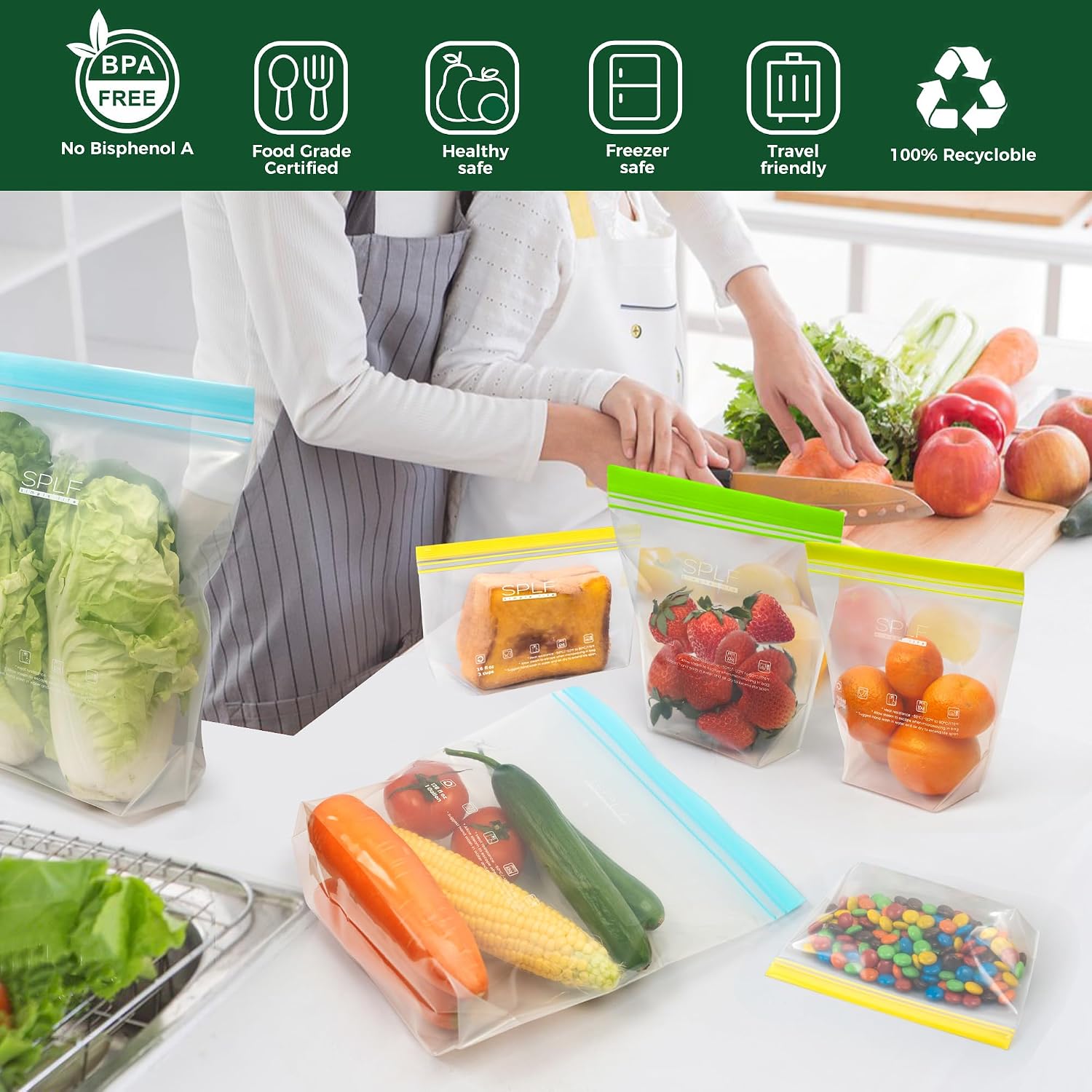Splf 12 Pack Reusable Gallon Freezer Bags Dishwasher Microwave Safe, 1 Gallon Bpa Free Leakproof Food Storage Bags, Silicone Free Containers For Meal Prep, Fridge Kitchen Organization