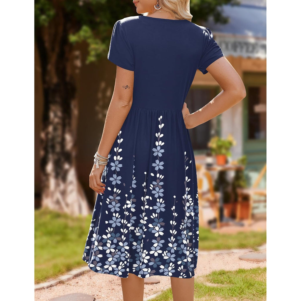 Hotouch Women'S Summer A-Line Midi Dresses 2026 Casual Floral Short Sleeve T-Shirt Dress Flowy Beach Sundress With Pockets
