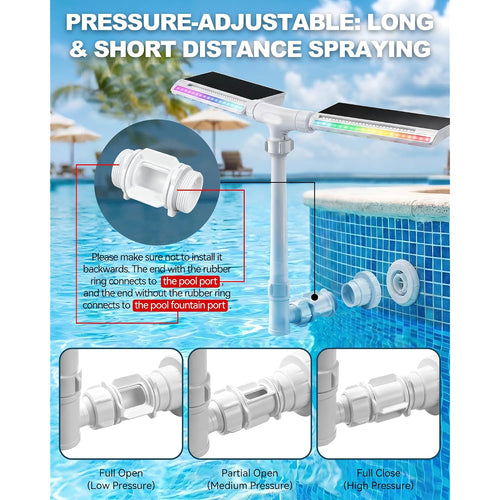 2026 Upgraded Solar Pool Fountain, Dual-Head Adjustable Spray, Extended 8000Mah Battery, 10-Color 4-Mode Led Lights, Auto Dusk Sensor & Timer, Pool Fountains For Inground/Above Ground Pools