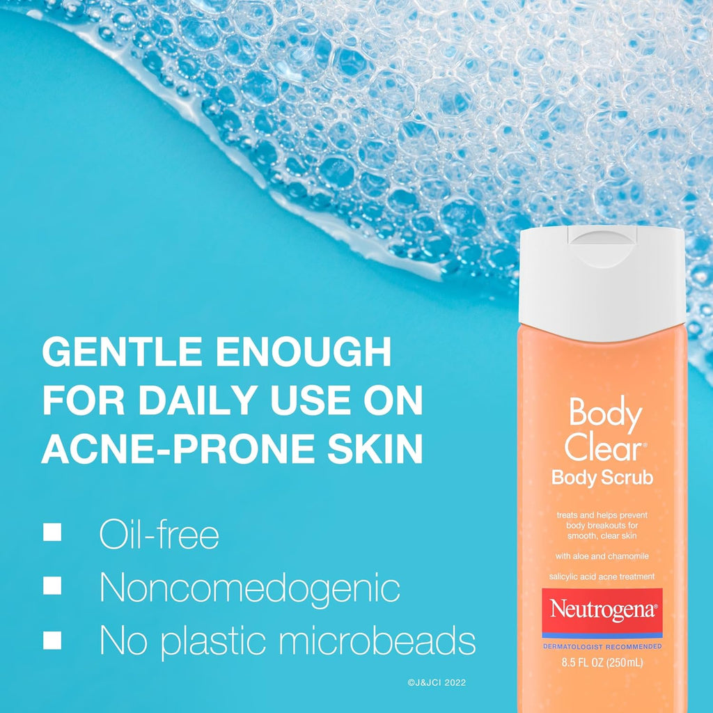 Neutrogena Body Clear Acne Body Wash And Exfoliating Body Scrub, 2% Salicylic Acid Cleanser, Chest, Shoulder & Back Acne Treatment, Non-Comedogenic, Oil-Free Shower Gel, 8.5 Fl Oz