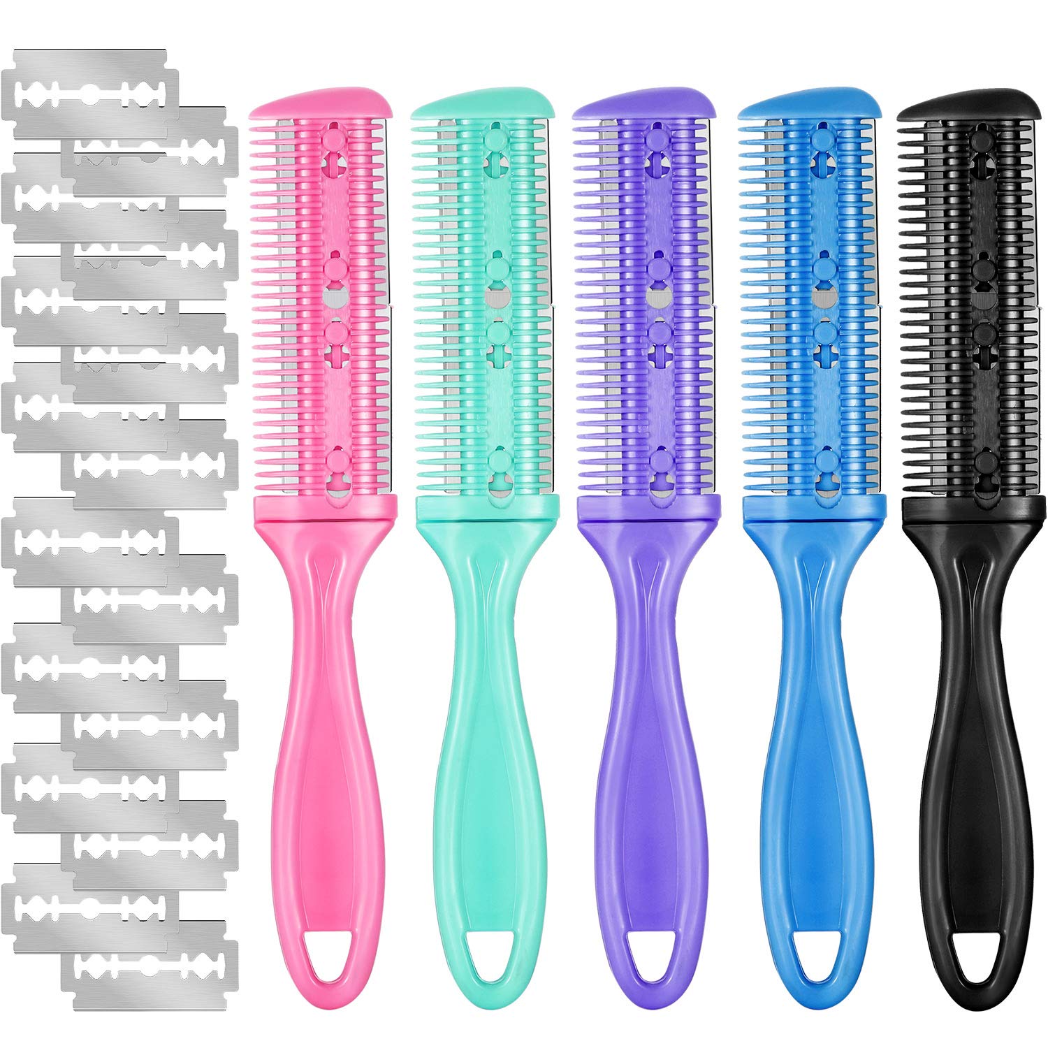Boao 5 Pieces Dual-Sided Cutting Scissors, 20 Razors, And Thinning Comb With Double Edge For Precise Slim Haircuts (5 Colors)