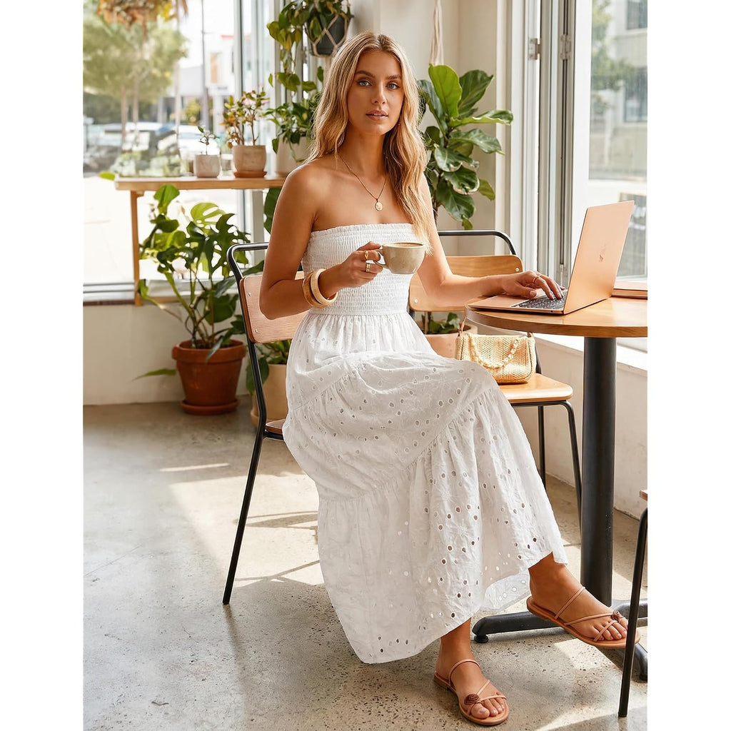Zesica Womens 2026 Summer Boho Strapless Midi Dresses Off Shoulder Smocked Eyelet Wedding Guest Beach Long Dress Pockets