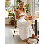 Zesica Womens 2026 Summer Boho Strapless Midi Dresses Off Shoulder Smocked Eyelet Wedding Guest Beach Long Dress Pockets