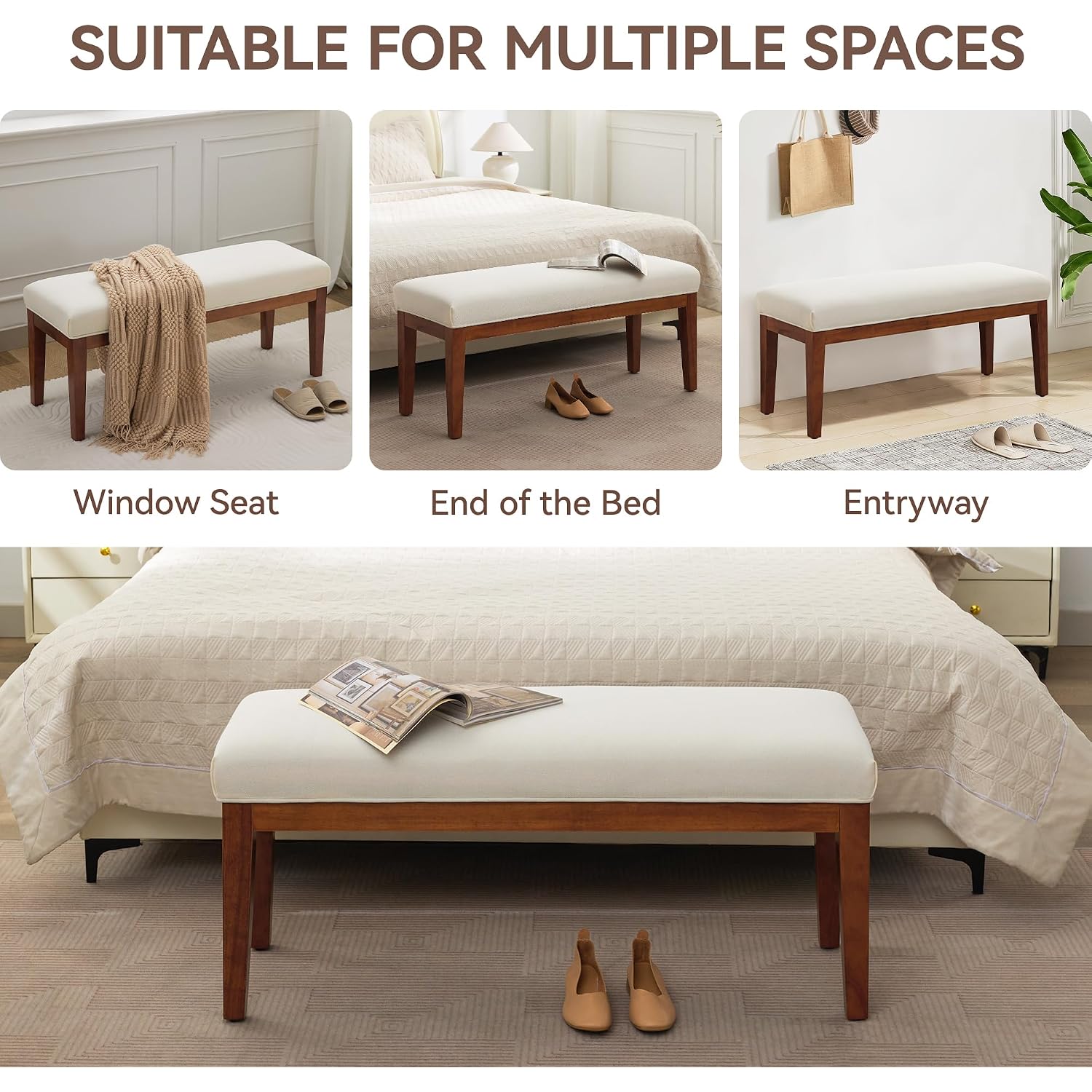 43.5'' Linen Bedroom Bench, Upholstered End Of Bed Bench, Padded Vintage Dining Bench, Entryway Bench With Solid Wood Legs, Kitchen, Living Room, Hallway, White