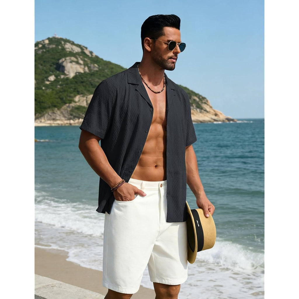 Cotrasen Men'S Casual Short Sleeve Button Down Shirt Cuban Textured Summer Beach Shirts
