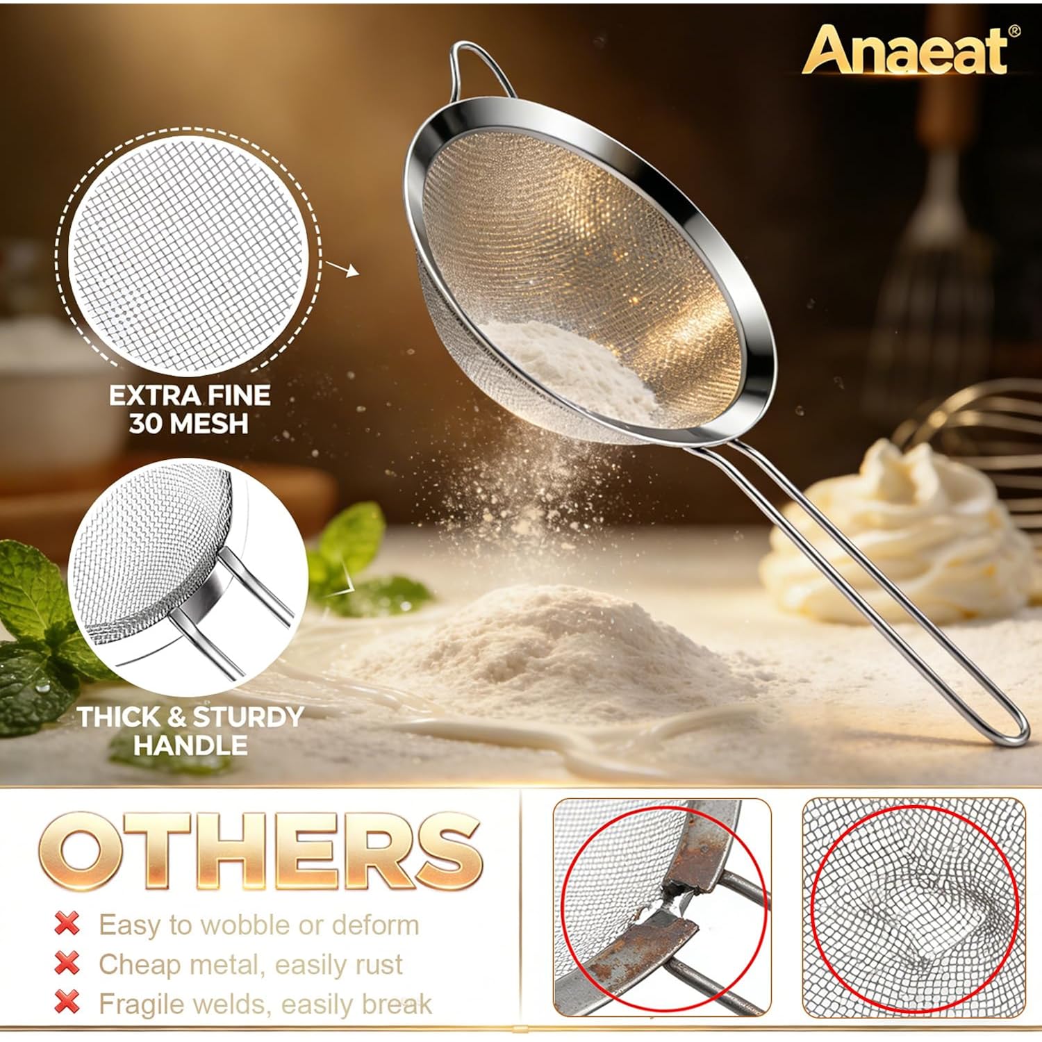 Anaeat Fine Mesh Strainers - Premium Stainless Steel Colander Sieve Sifters, With Durable Mesh And Sturdy Handle, Excellent For Sifting Dry Ingredients, Flour, Pastas, Rice, Tea (3.15"+5.5"+7.87")