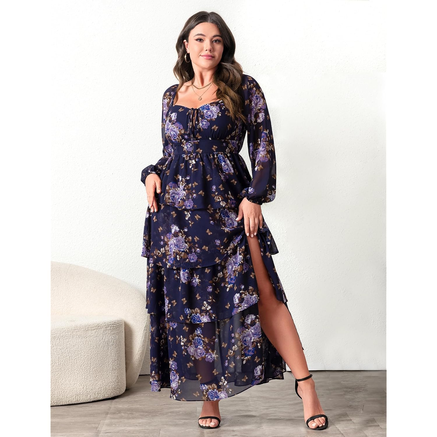 Eywol Womens Plus Size Floral Tiered Ruffle Long Sleeve Evening Party Wedding Guest Dress