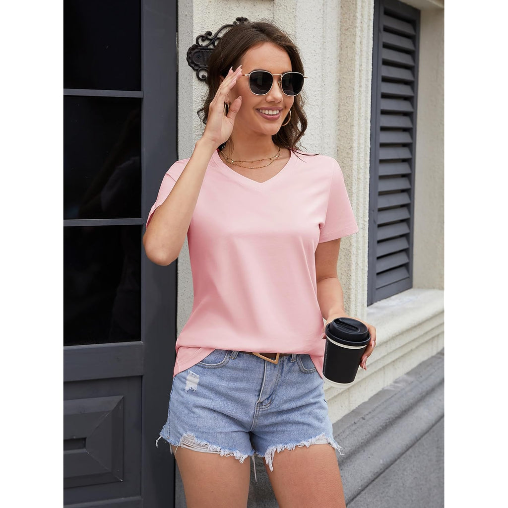 MAGCOMSEN Women's Cotton T Shirt V-Neck Short Sleeve Shirt Classic-Fit Casual Breathable Tee Summer Basic Tops