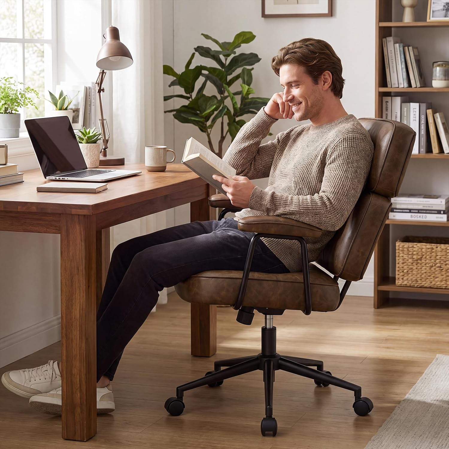 Olixis Ergonomic Home Office Desk Chair, Pu Leather Computer Chair With Lumbar Support Adjustable Height Rolling Swivel Executive Task Armrests, Modern Brown