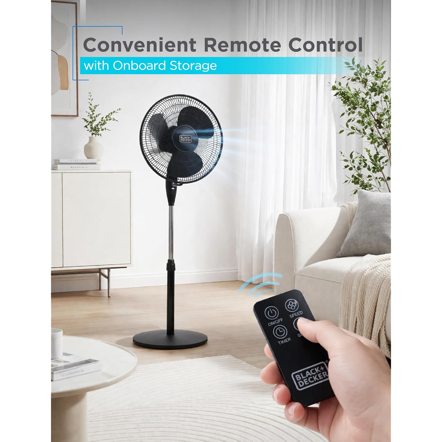 Black+Decker 16" Oscillating Pedestal Fan With Remote, Bfsr16B, Black | Oscillating Pedestal Fan With Remote, 90-Degree Oscillation, 3 Speed Settings, Adjustable Height, Timer, 30-Degree Tilt