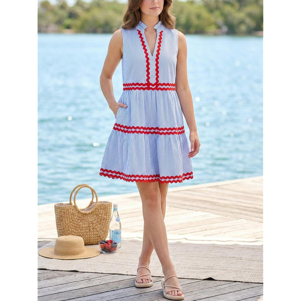 Kuraki Women'S Cute Sleeveless Ric Rac Trim Tiered Striped Dress