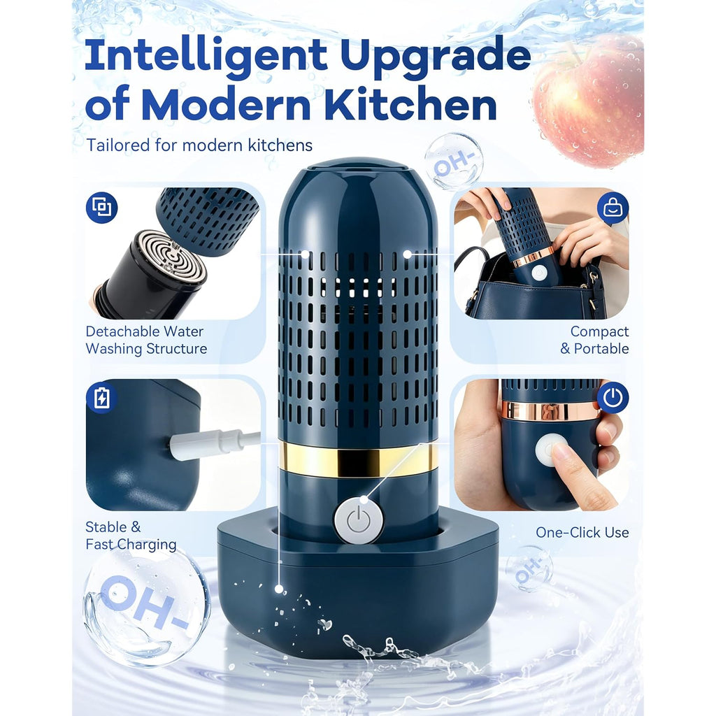 Produce Cleaner & Vegetable Cleaner With Oh-Ion Technology, Wireless Rechargeable Food Washer For Fruits, Veggies, Rice & Utensils, Ipx7 Waterproof 10-Min Automatic Cleaning For Kitchen (Blue)