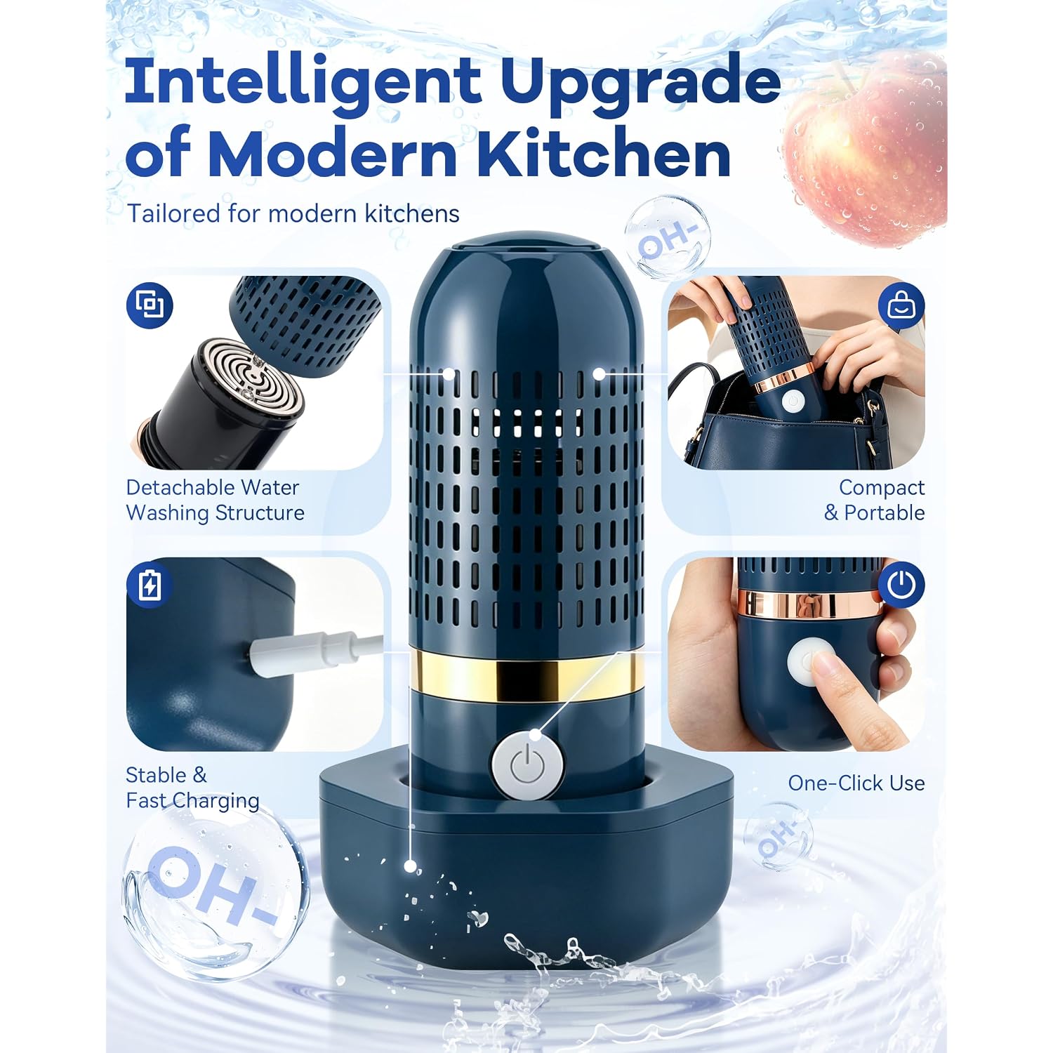 Produce Cleaner & Vegetable Cleaner With Oh-Ion Technology, Wireless Rechargeable Food Washer For Fruits, Veggies, Rice & Utensils, Ipx7 Waterproof 10-Min Automatic Cleaning For Kitchen (Blue)
