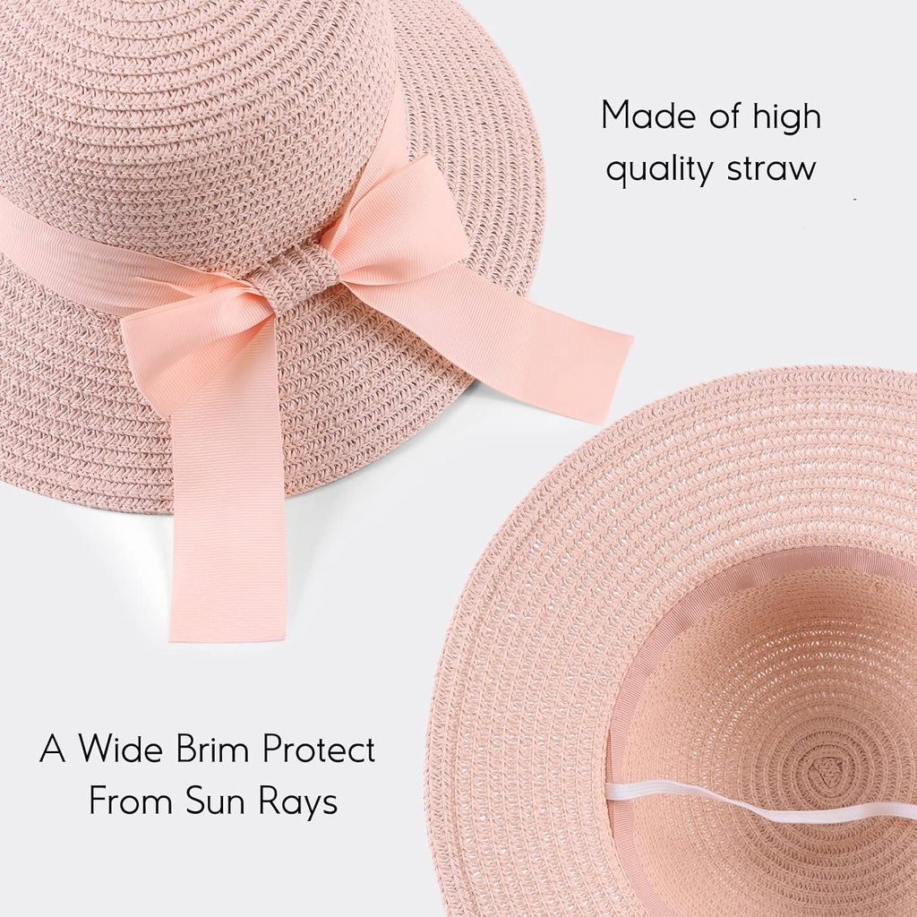Women,Little Girls Straw Sun Hat Summer Beach Cap Foldable Visor Floppy Hats Wide Brim with Bowknot Pink Bow