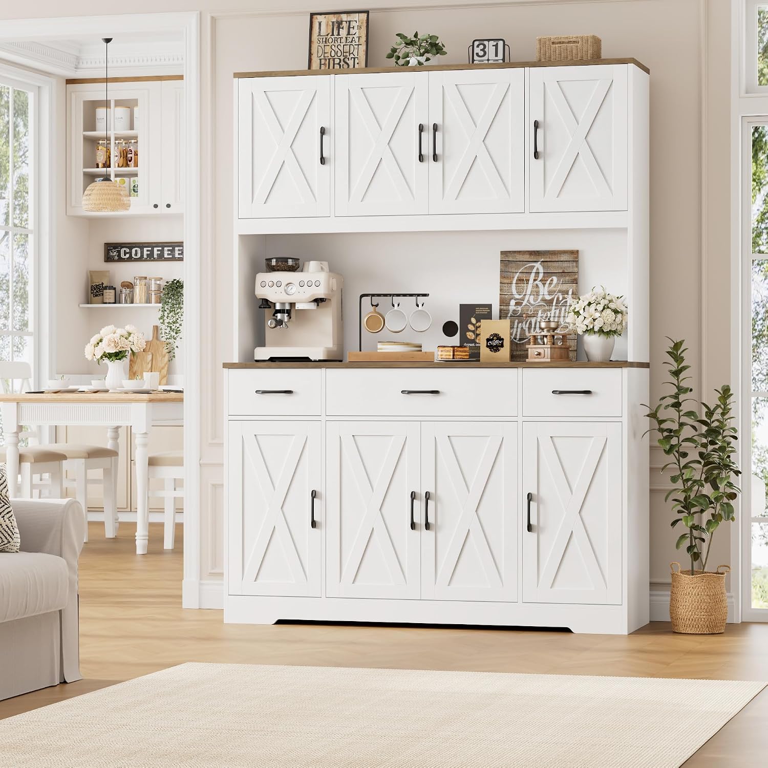 Hostack 71" Tall Kitchen Pantry Storage Cabinet, 55" W Kitchen Hutch, White | Large Pantry Cabinet With Charging Station / Countertop / 3 Drawers, Farmhouse Hutch Cabinet With Storage For Dining Room