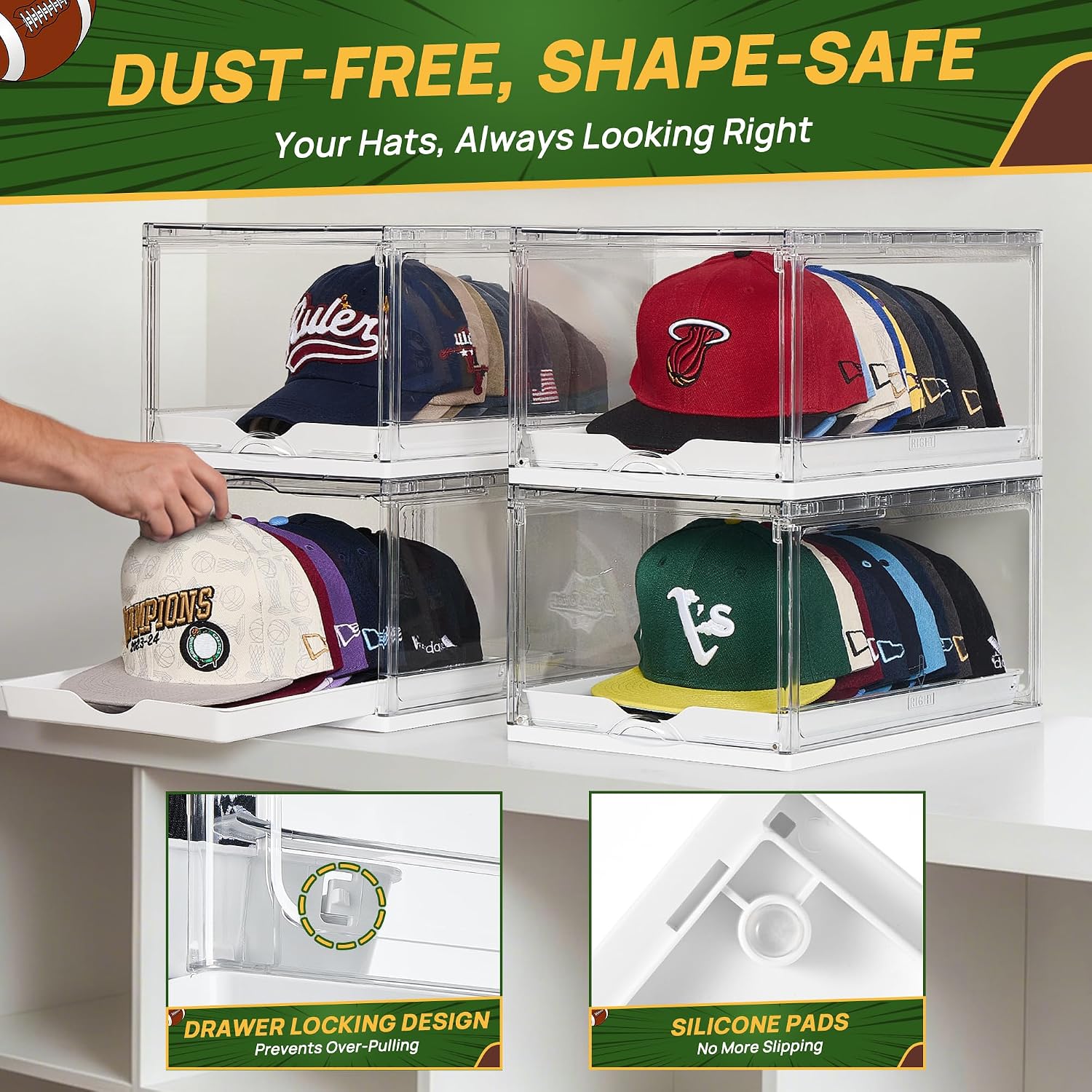 Vtopmart 2 Pack Clear Hat Organizer Drawer For Baseball Caps, Stackable Display Case With Magnetic Door, Each Holds 12 Hats