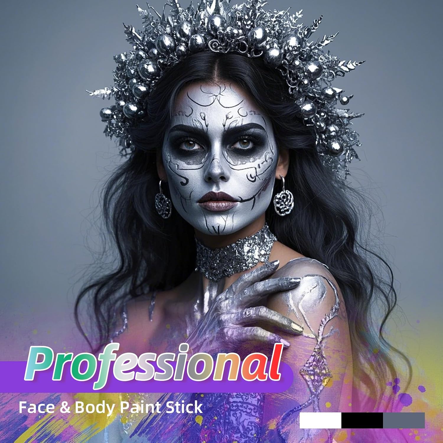 Ybuete 3Pcs Face Body Paint, Professional Paint For Halloween Cosplay Costume Party, Full-Coverage Multi-Color Cream Makeup Body Paint For Adult Halloween Cosplay Sfx Makeup Paint (White+Black+Silver)