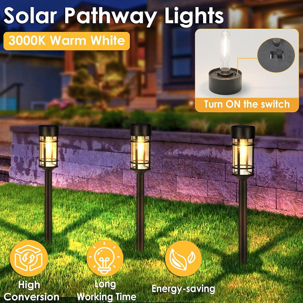 Solar Pathway Lights, 8 Pack Led Solar Lights Outdoor Waterproof, Glass Metal Garden Lighting For Yard Path Landscape Lawn Walkway Driveway, 3000K