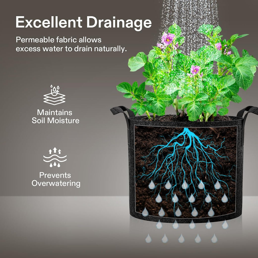 Vivosun 5-Pack 5 Gallon Grow Bags Heavy Duty 300G Thickened Nonwoven Plant Fabric Pots With Handles