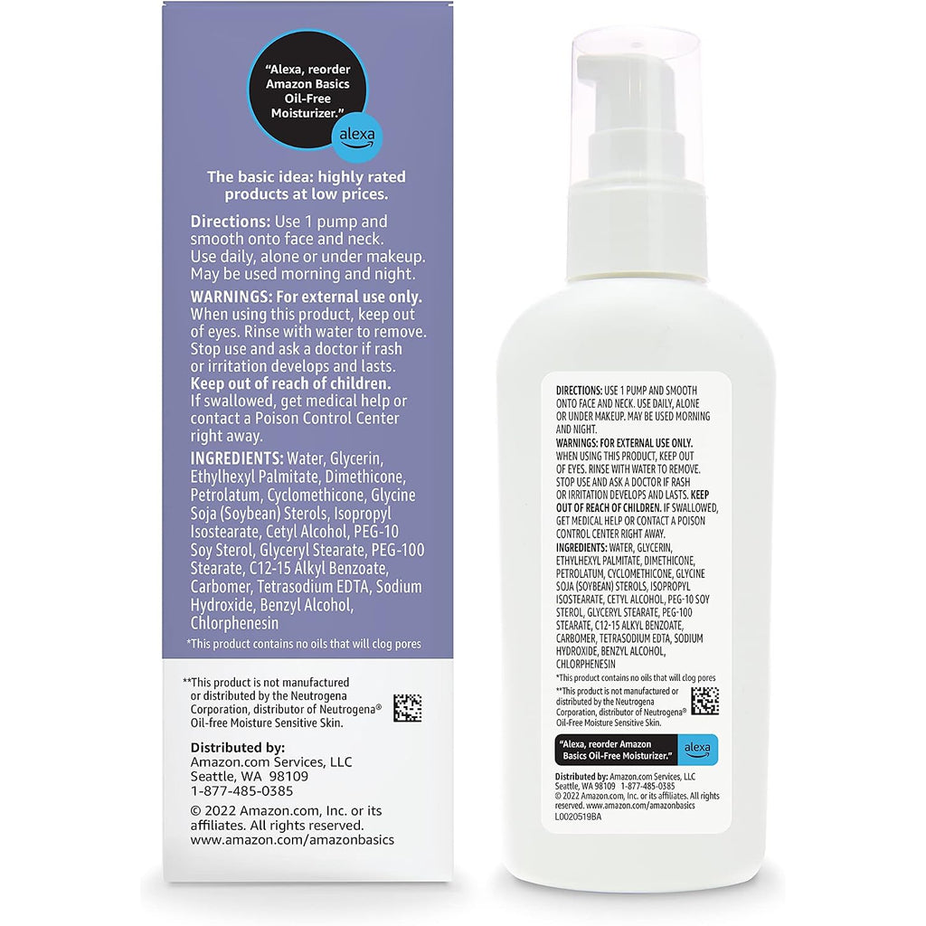 Amazon Basics Oil-Free Facial Moisturizer For Sensitive Skin, Fragrance Free, Non-Comedogenic, 4 Fluid Ounce (Previously Solimo)