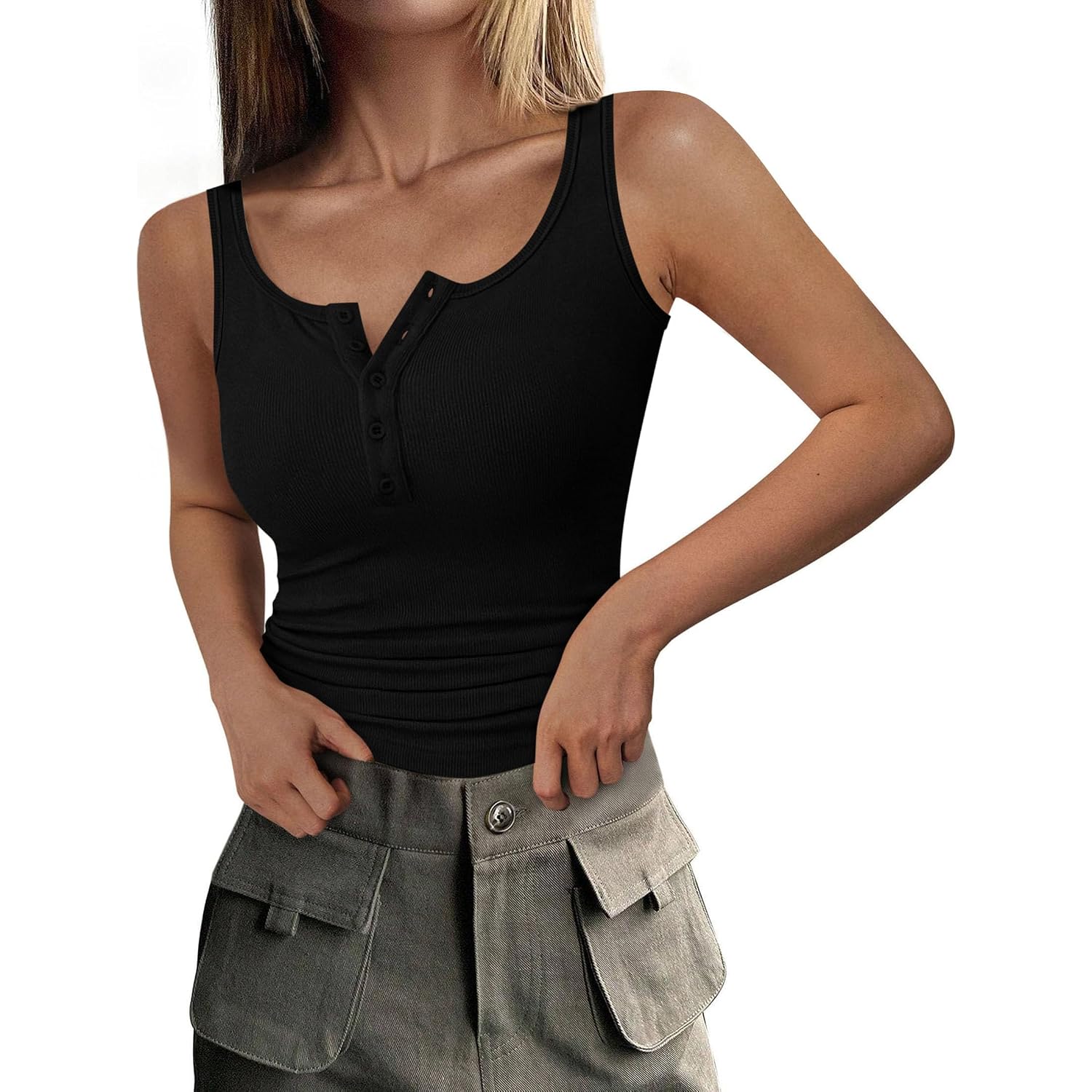 Prettygarden Womens 2026 Summer Tank Tops Ribbed Knit Slim Fit Sleeveless Henley Shirts Casual Basic Button Up Blouse