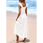 Prettygarden Womens Summer Square Neck Maxi Dresses Cap Sleeve Eyelet Smocked Tiered A Line Flowy Long Dress With Pockets